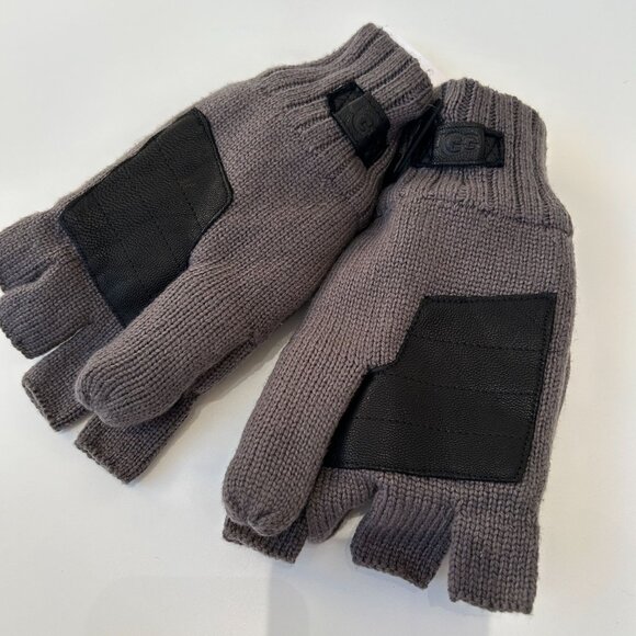 NWT UGG Mens Knit Flip Mittens Leather Palm Graphite L/XL Grey Wool Blend - Picture 6 of 11